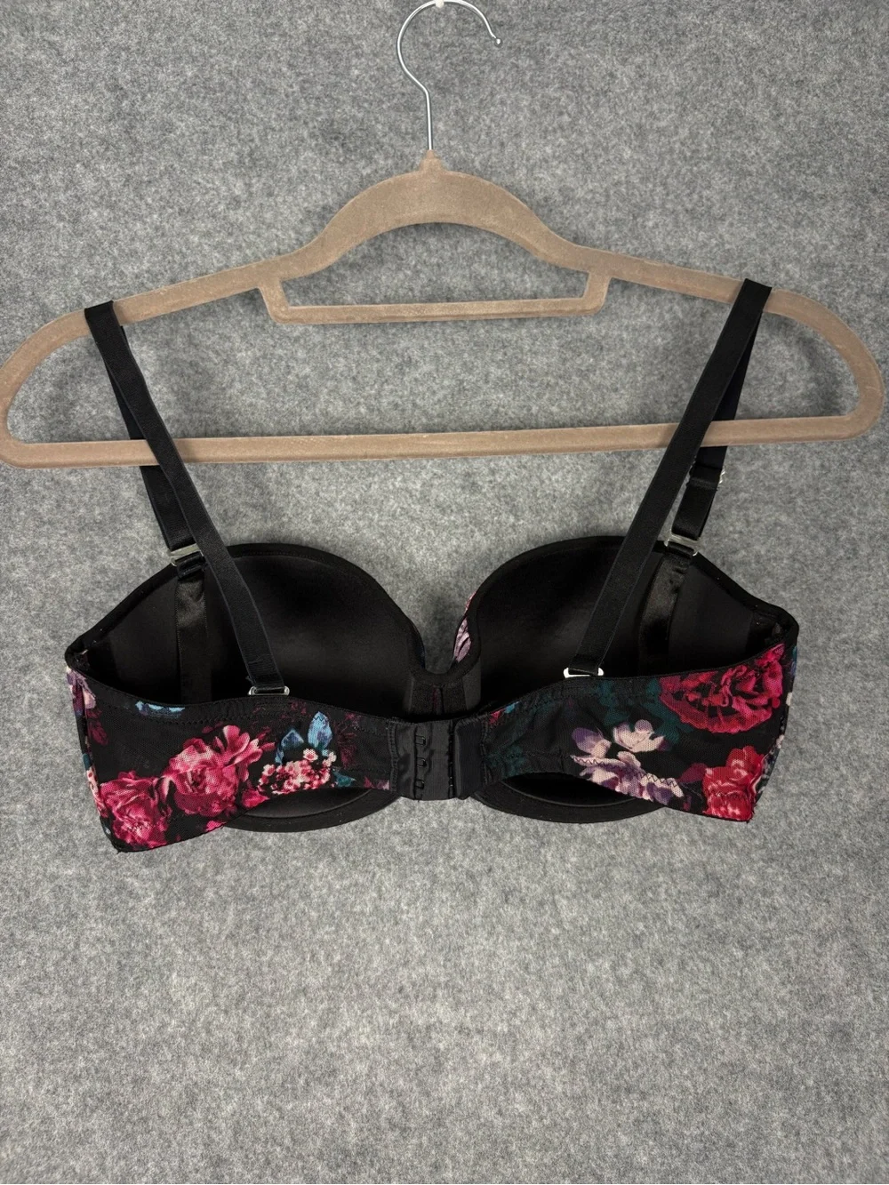 H&M Floral Strapless Convertible Balconette Bra 36D Black Pink Underwire